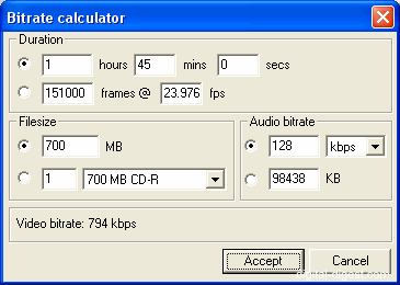 DivX 5.2.x - Bitrate Calculator