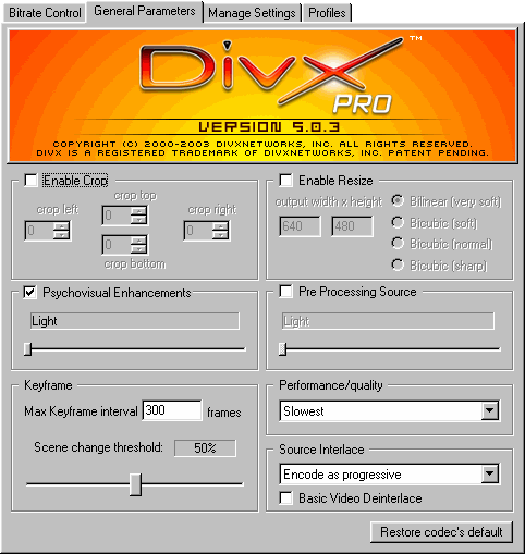 DivX 5.0.x - General Parameters Setup