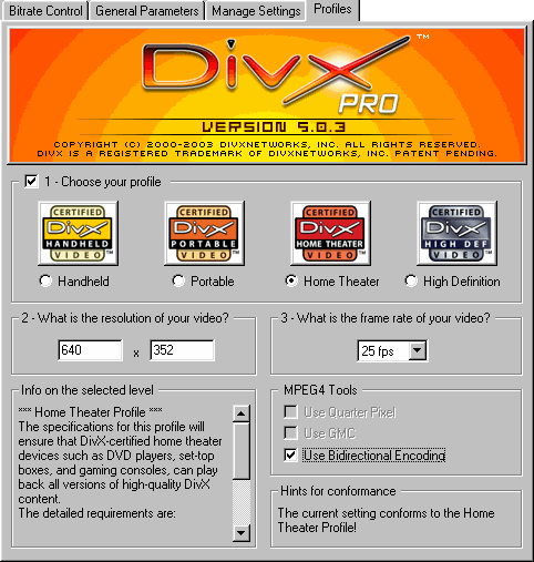 DivX 5.0.x - Profiles Setup